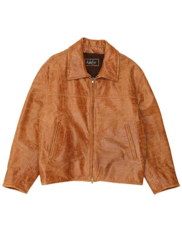 Jaqueta de couro masculina VINTAGE solta ajuste Reino Unido 38 couro marrom médio