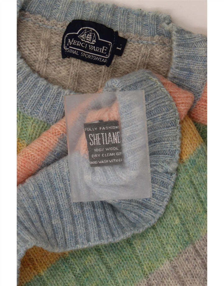 Suéter vintage masculino com gola redonda, grande lã listrada multicolorida