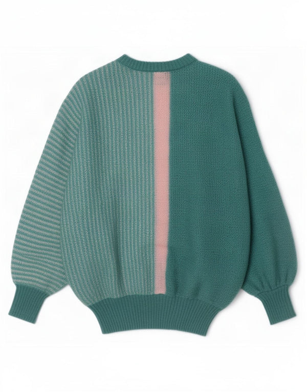 Suéter feminino vintage com gola redonda UK 18 XL turquesa colorblock