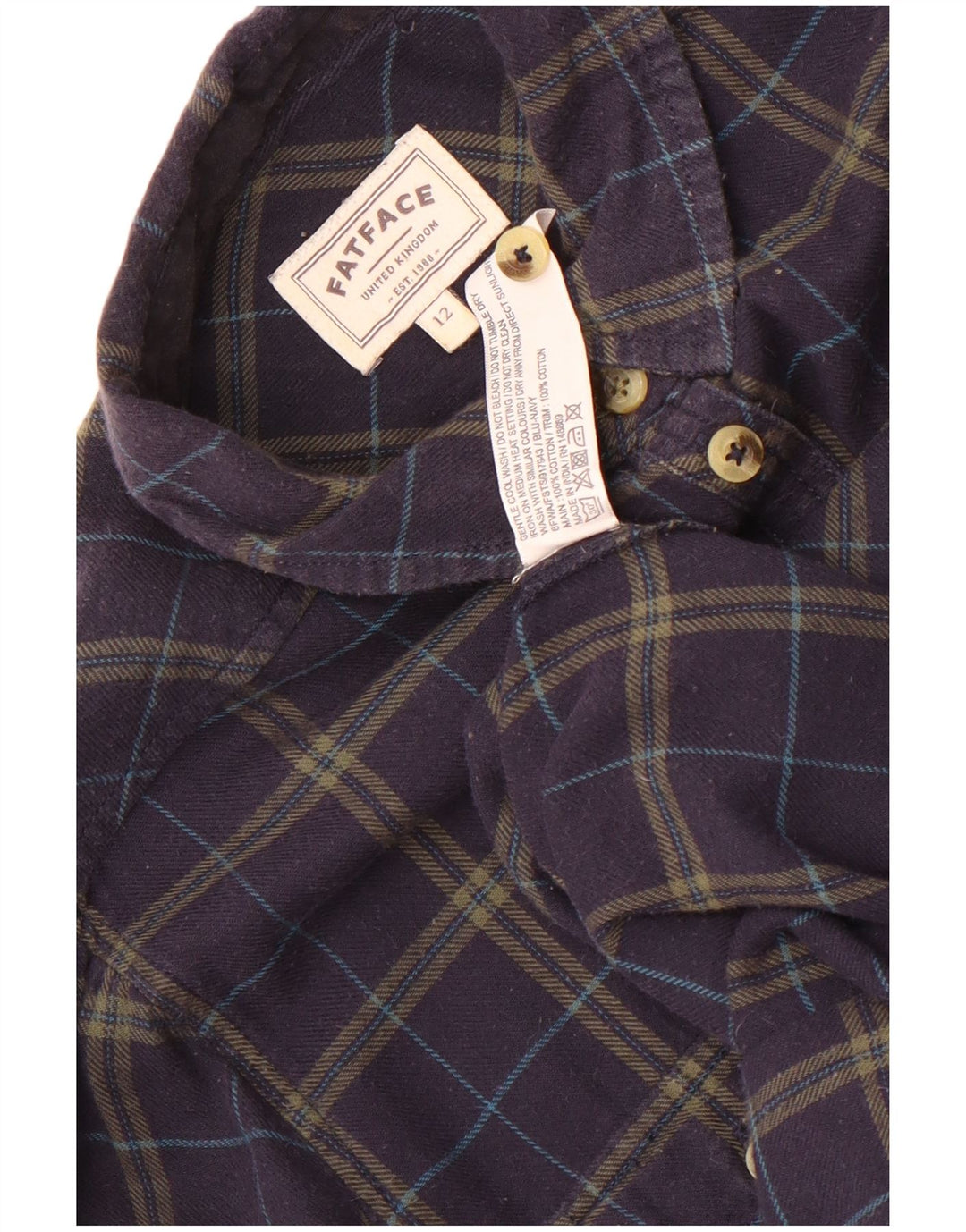 Camisa feminina de flanela Fat Face Reino Unido 12 algodão xadrez médio azul marinho