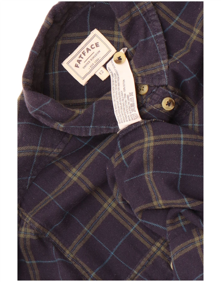Camisa feminina de flanela Fat Face Reino Unido 12 algodão xadrez médio azul marinho