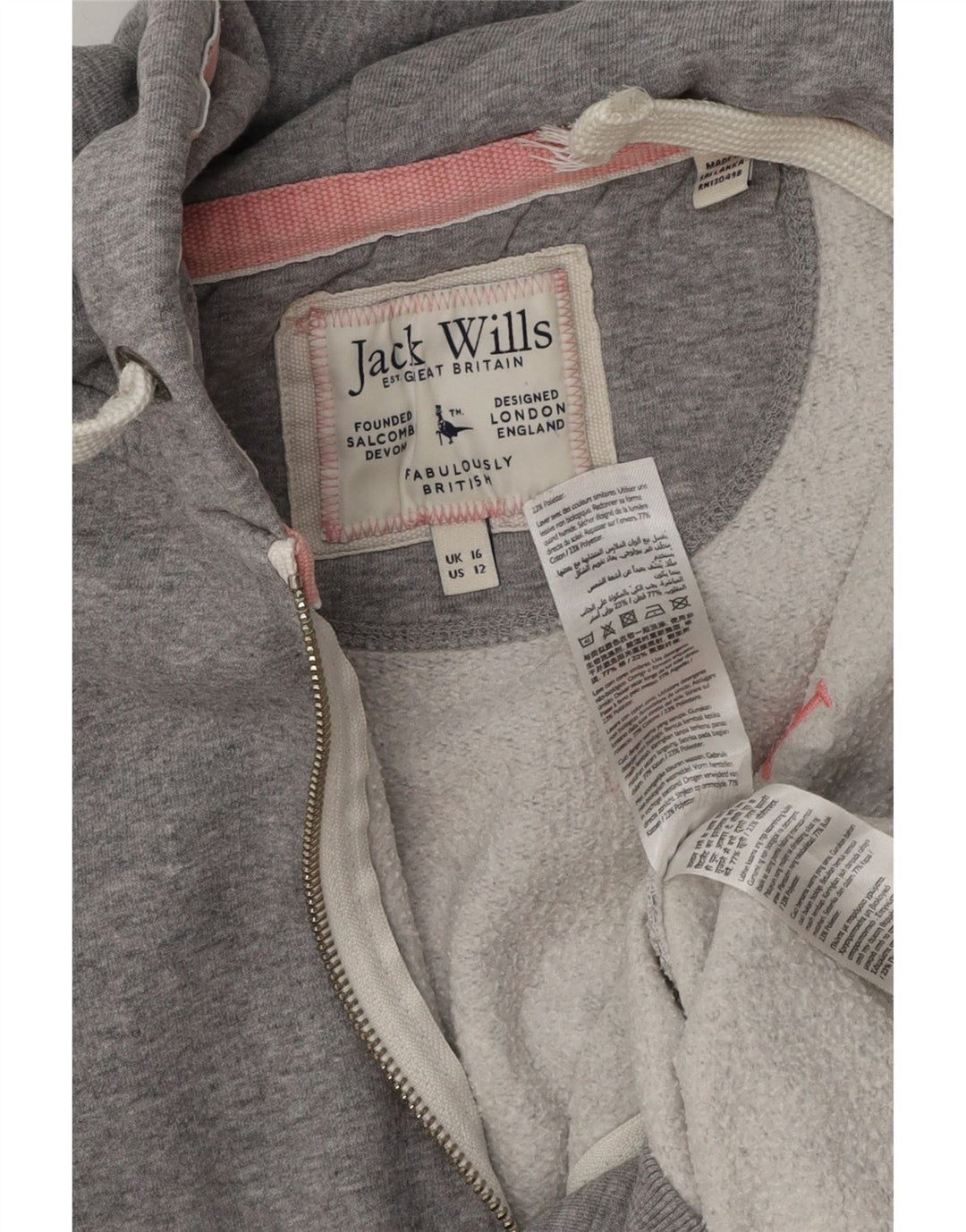 Jack Wills Suéter feminino com capuz e zíper grande gráfico Reino Unido 16 grande cinza