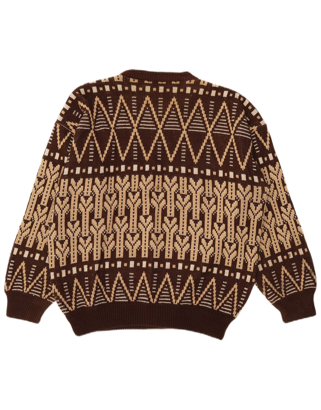 Suéter vintage masculino com gola redonda grande marrom Fair Isle