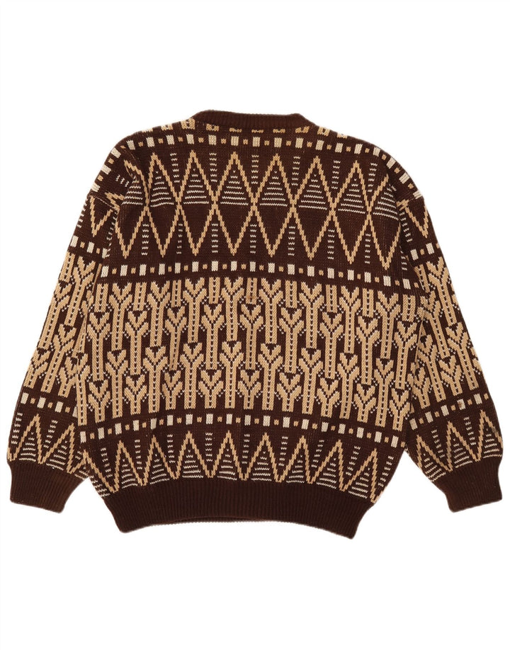 Suéter vintage masculino com gola redonda grande marrom Fair Isle
