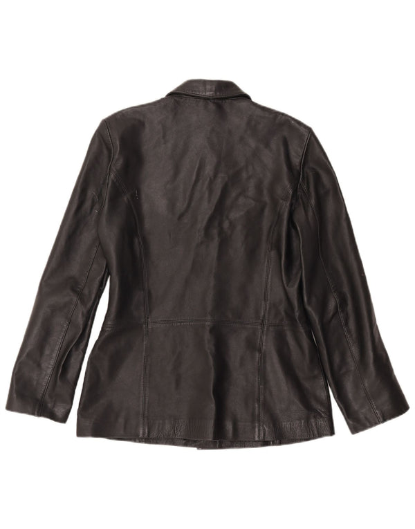 Jaqueta blazer de couro vintage feminina com 3 botões Reino Unido 14 couro preto grande
