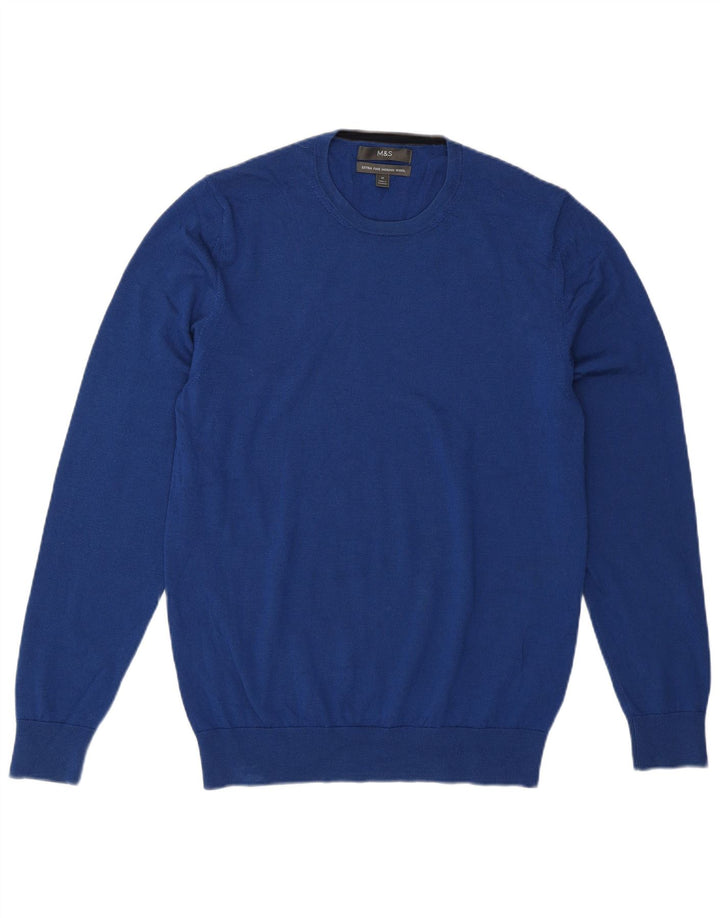 Suéter masculino Marks & Spencer com gola redonda, lã merino azul médio