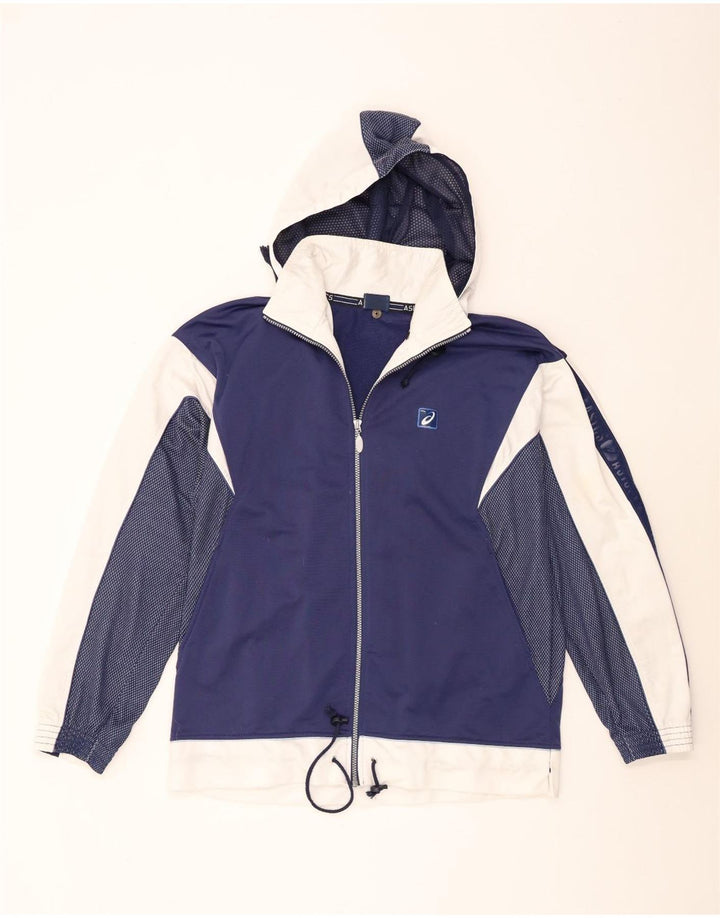 Jaqueta Asics masculina com capuz gráfico grande bloco colorido azul marinho