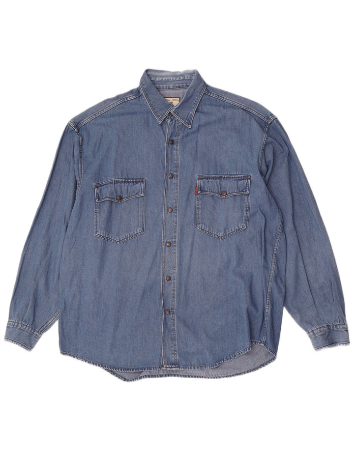 Camisa jeans masculina vintage grande algodão azul