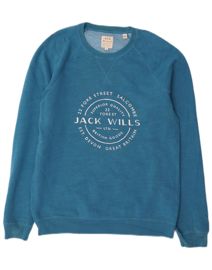 Jack Wills moletom gráfico masculino jumper médio azul algodão