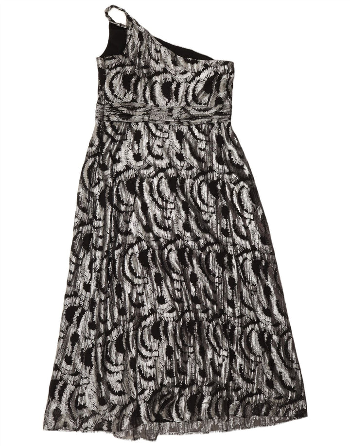 Monsoon Vestido feminino maxi com padrão abstrato de um ombro Reino Unido 16 grande prateado