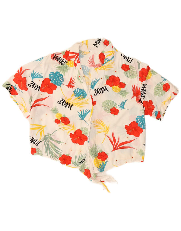 Blusa feminina VINTAGE com gravata frontal e corte frontal Reino Unido 16 grande floral branco