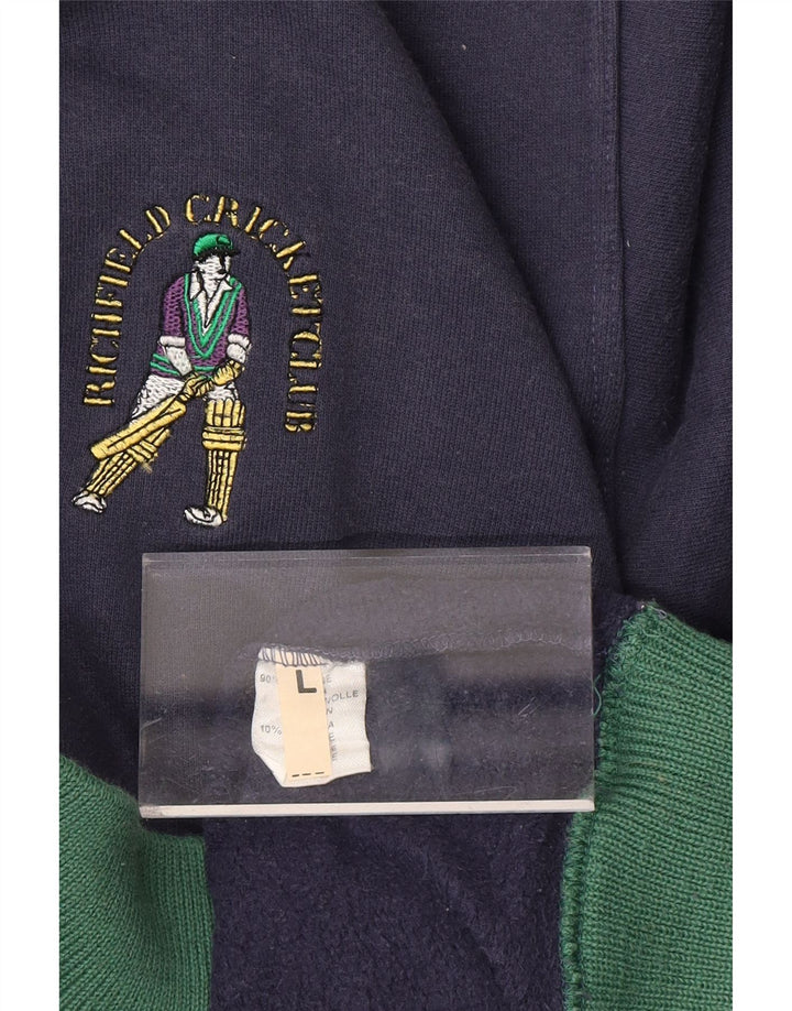 Suéter masculino VINTAGE com zíper e gola grande de algodão azul marinho
