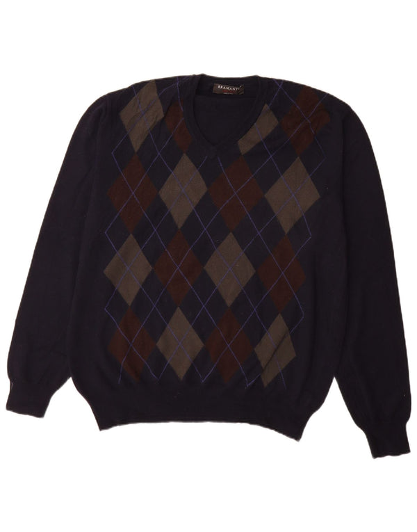 Bramante Suéter masculino com decote em V IT 54 XL Azul marinho Argyle/Diamante