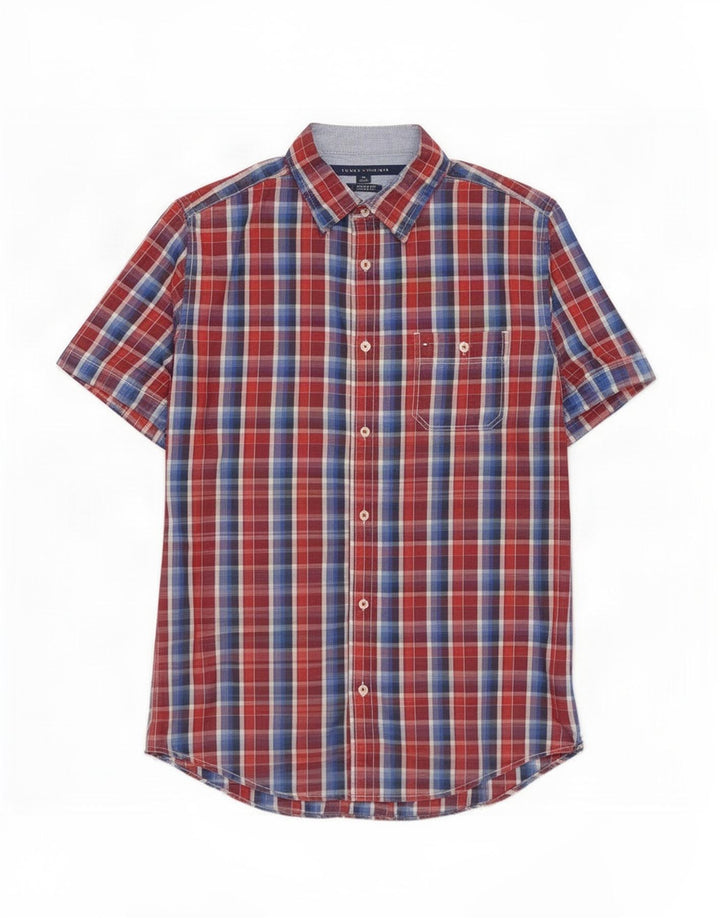 Tommy Hilfiger Camisa masculina de manga curta personalizada de algodão xadrez médio vermelho