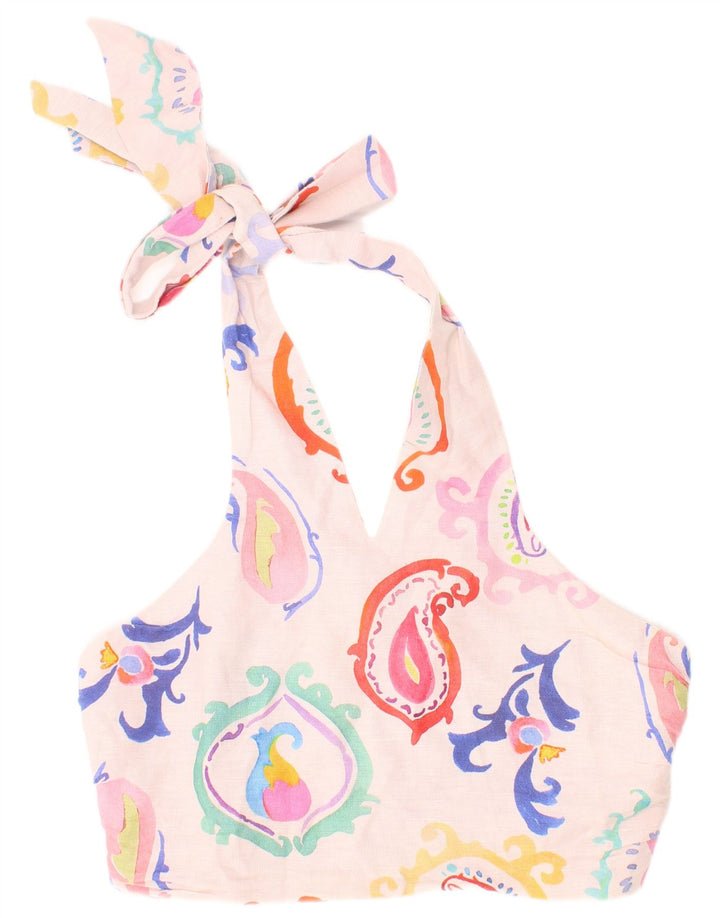 Zara Top feminino estampado com frente única e pequeno rosa Paisley