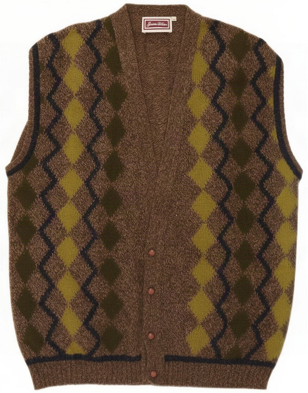Suéter cardigã masculino sem mangas James Dillon XL Khaki Argyle/Diamante