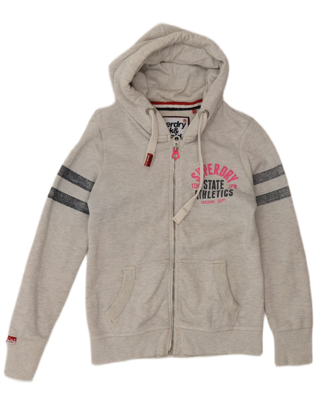 Suéter feminino Superdry com capuz e zíper gráfico UK 14 algodão cinza médio