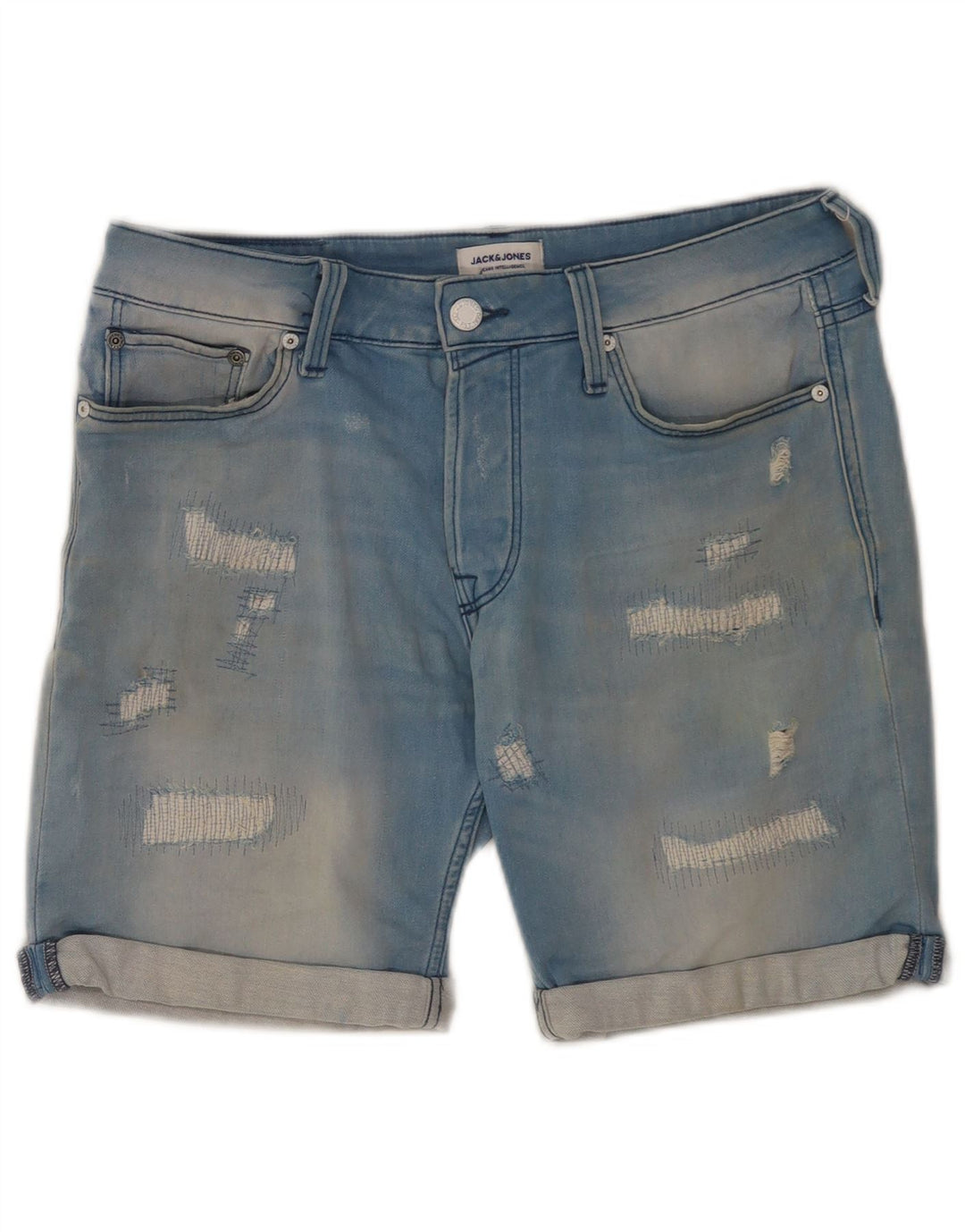 Shorts jeans masculino Jack & Jones desgastado pequeno W29 algodão azul
