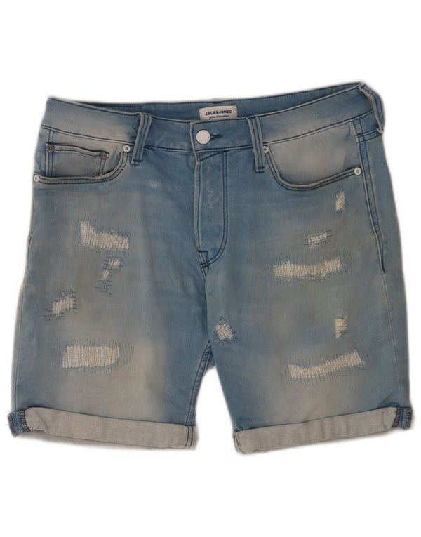 Shorts jeans masculino Jack & Jones desgastado pequeno W29 algodão azul