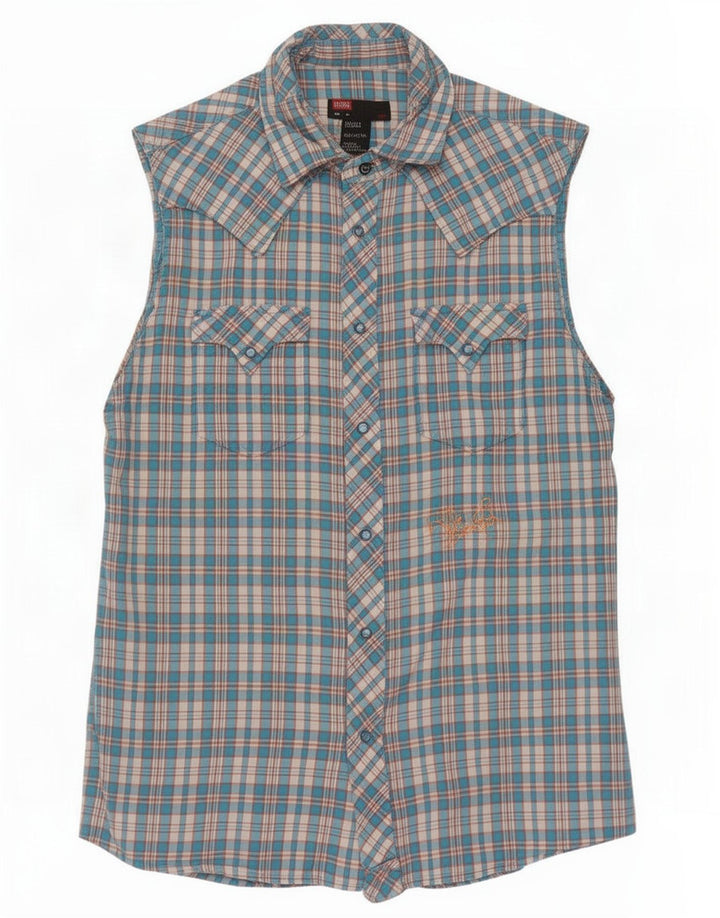 Camisa masculina Diesel sem mangas com estampa gráfica azul médio algodão xadrez