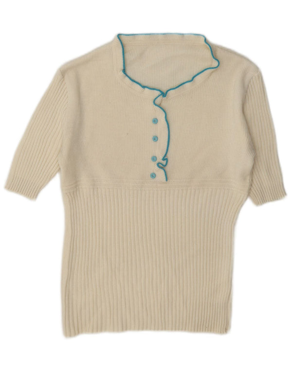 Suéter feminino vintage com babado e gola tartaruga Reino Unido 12 médio branco