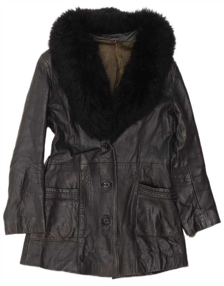 Casaco de couro feminino vintage UK 8 pequeno preto
