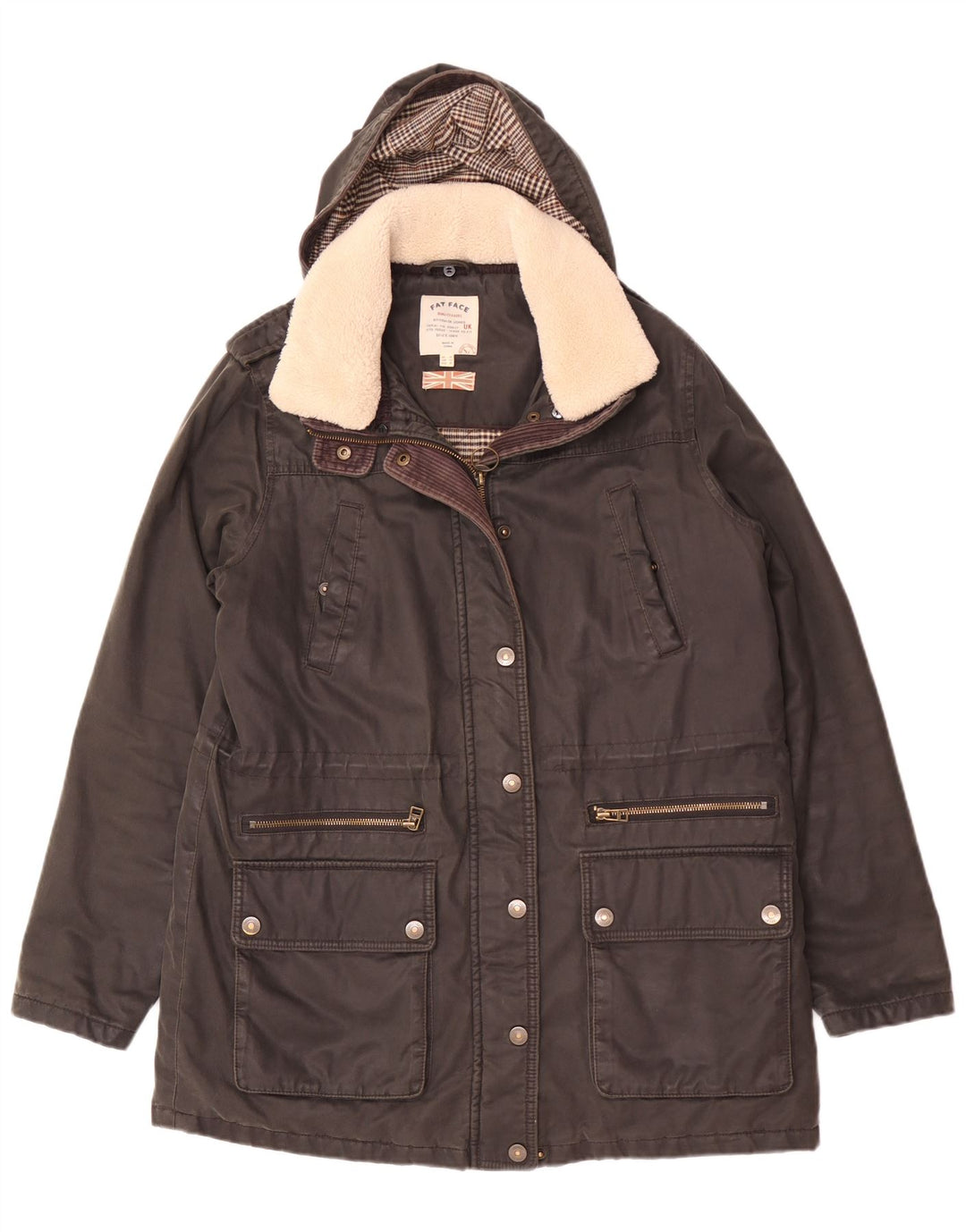 Jaqueta Parka feminina com capuz Fat Face UK 12 algodão preto médio