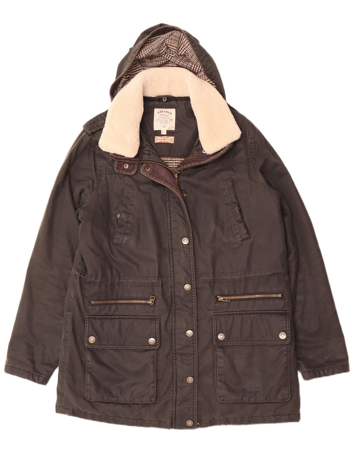 Jaqueta Parka feminina com capuz Fat Face UK 12 algodão preto médio