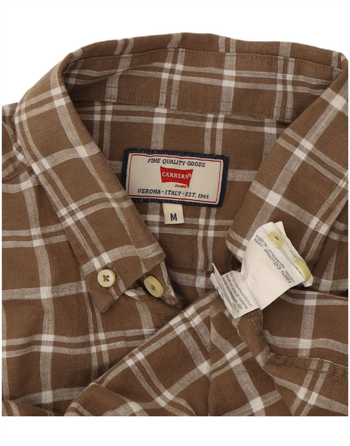 Camisa masculina de manga curta Carrera de algodão xadrez marrom médio