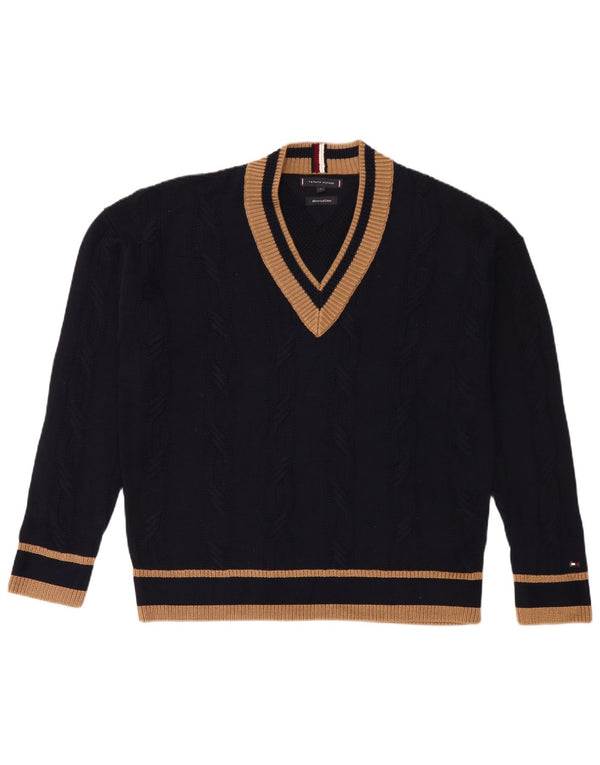 Suéter masculino Tommy Hilfiger com decote em V médio listrado azul marinho de algodão