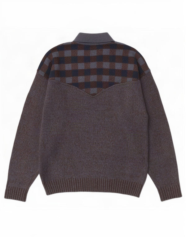 Suéter vintage masculino com gola polo e lã xadrez grande cinza