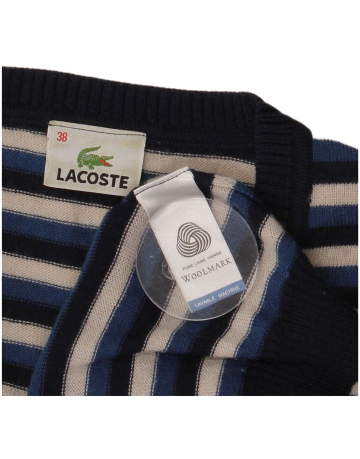 Suéter feminino Lacoste com decote em V tamanho 38 lã listrada azul marinho médio