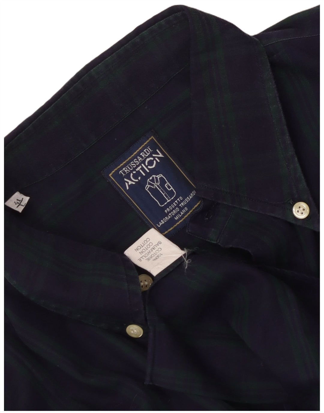 Camisa masculina de flanela Trussardi tamanho 41 grande algodão xadrez azul marinho