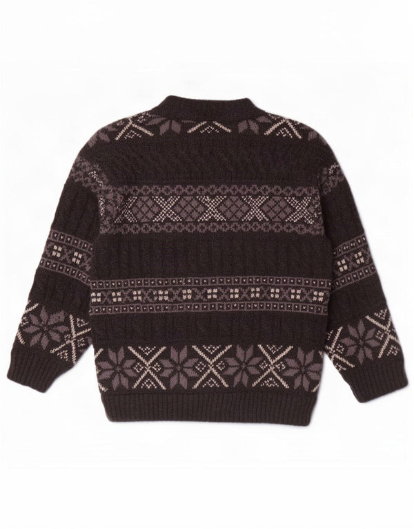 Suéter cardigã masculino vintage grande lã Fair Isle cinza