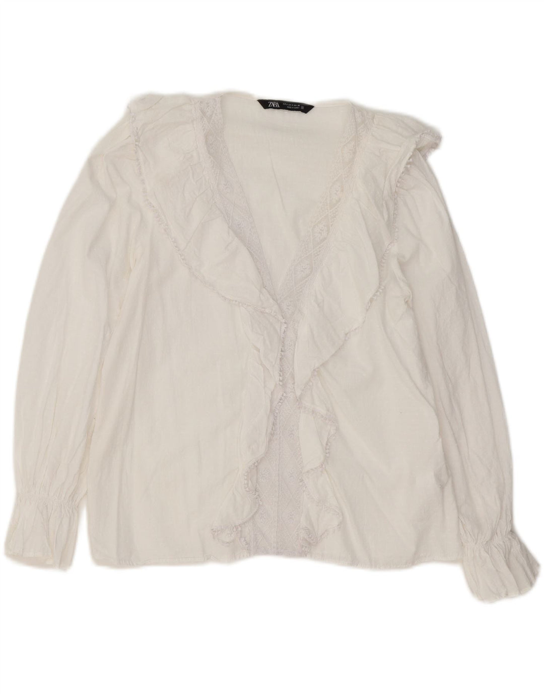 Zara blusa feminina com babados na frente manga comprida top Reino Unido 10 algodão branco pequeno