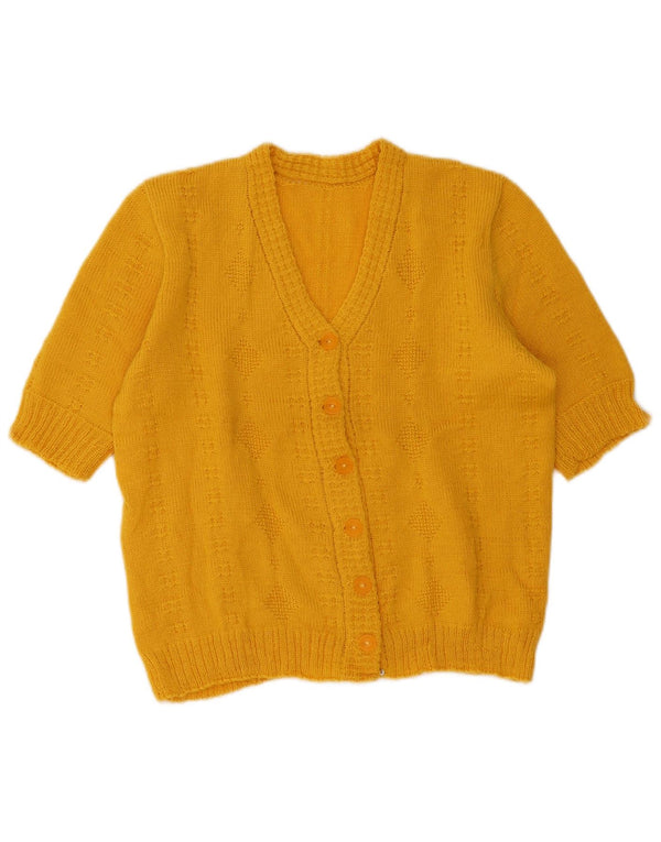 Suéter cardigã feminino vintage de manga curta Reino Unido 14 grande amarelo