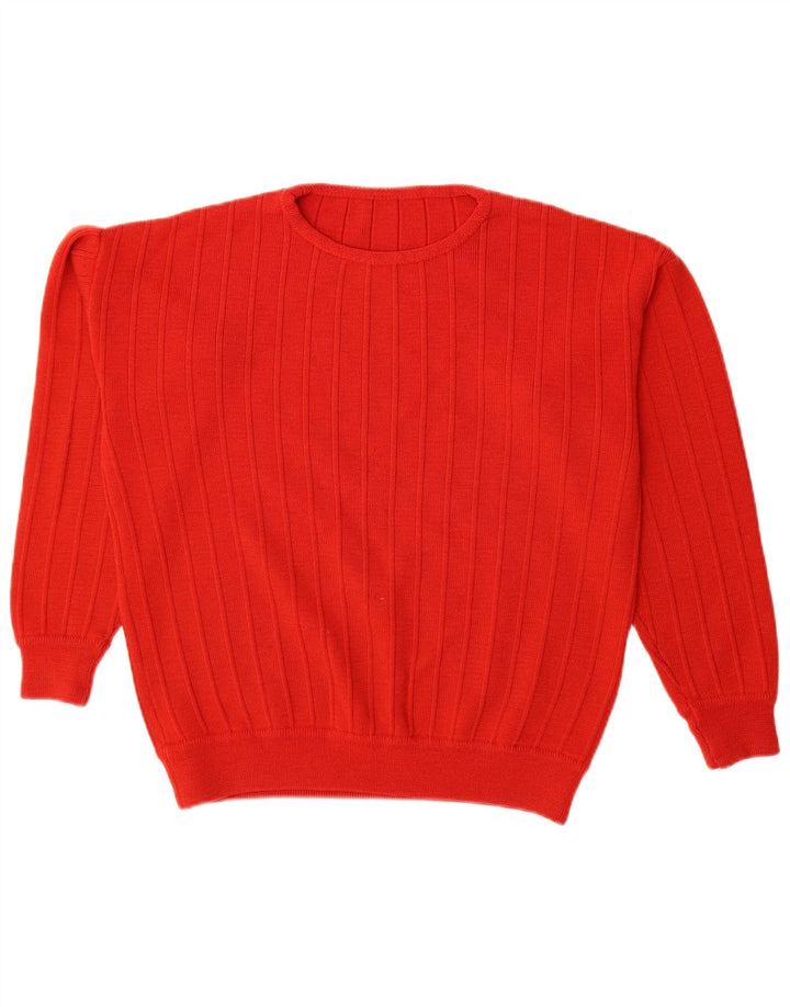 Suéter feminino vintage com gola redonda grande e listrado vermelho médio UK 14