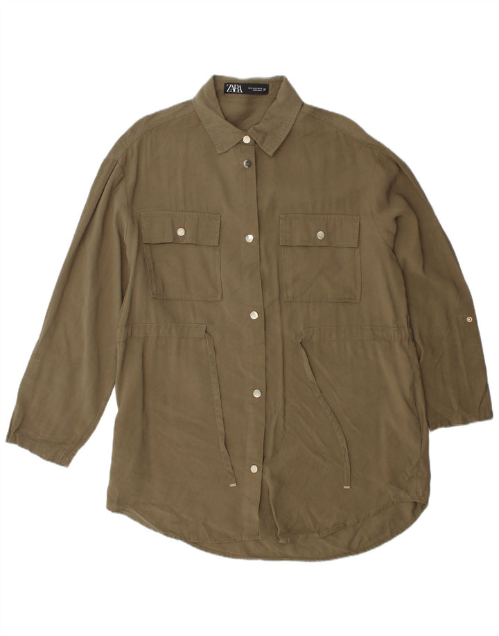 Vestido camisa feminino Zara Reino Unido 14 Viscose cáqui médio