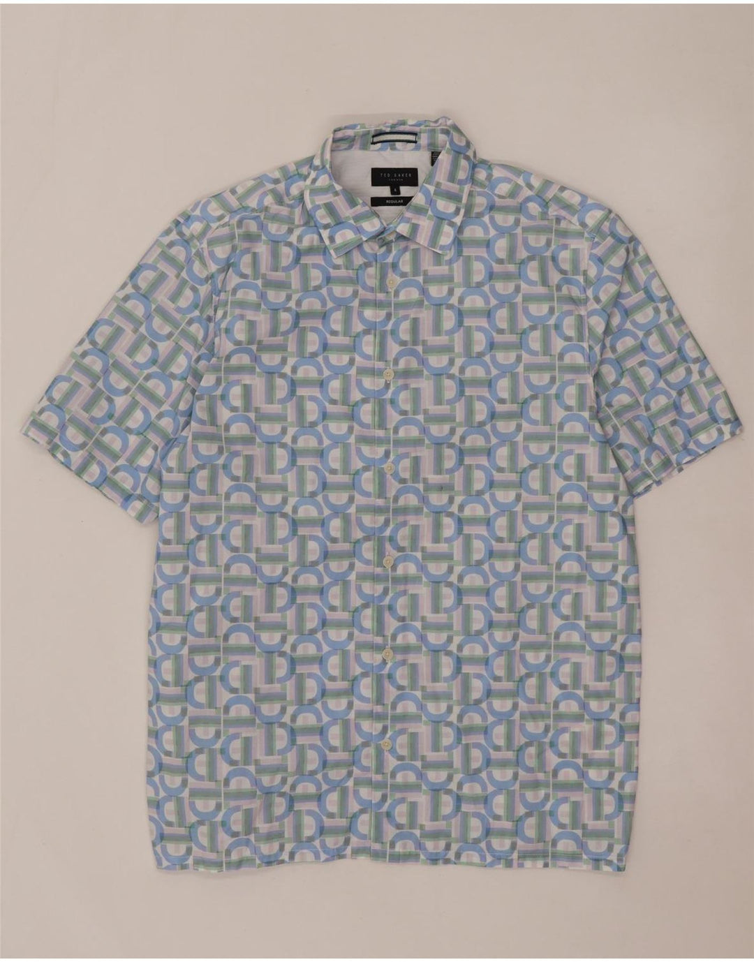 Camisa masculina regular de manga curta Ted Baker tamanho 4 grande azul geométrico