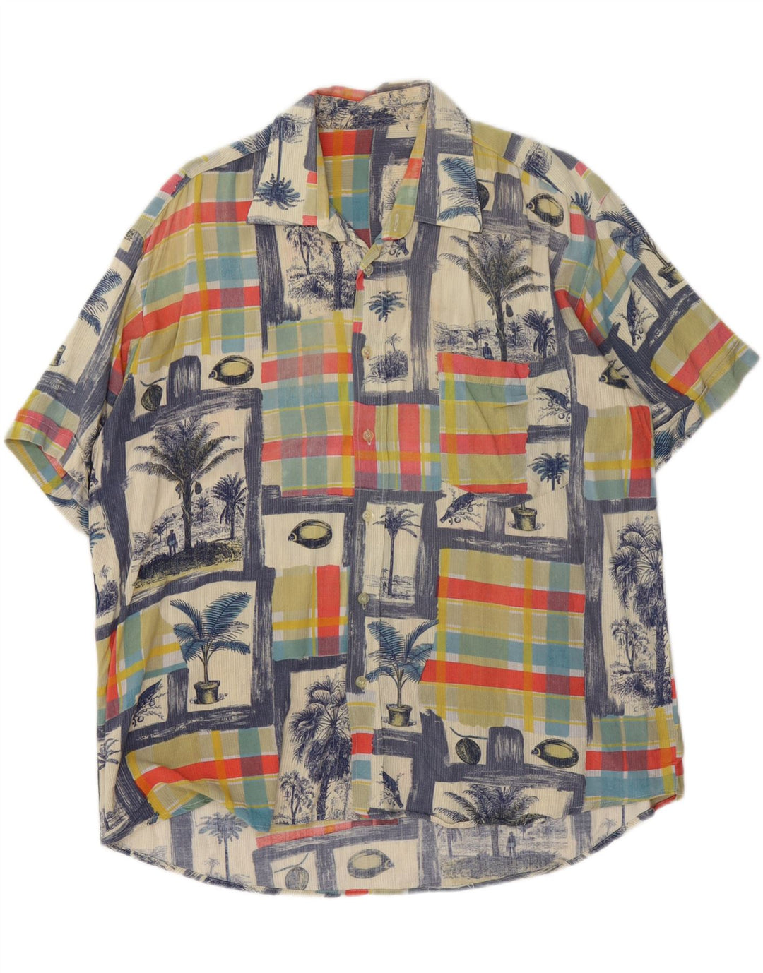 Camisa masculina vintage de manga curta grande patchwork multicolorido