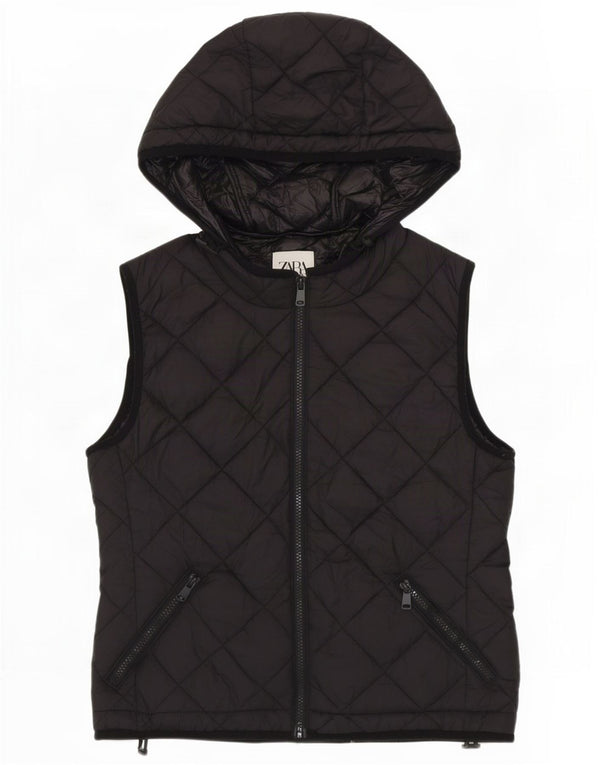 Colete acolchoado com capuz feminino Zara UK 14 poliéster preto médio