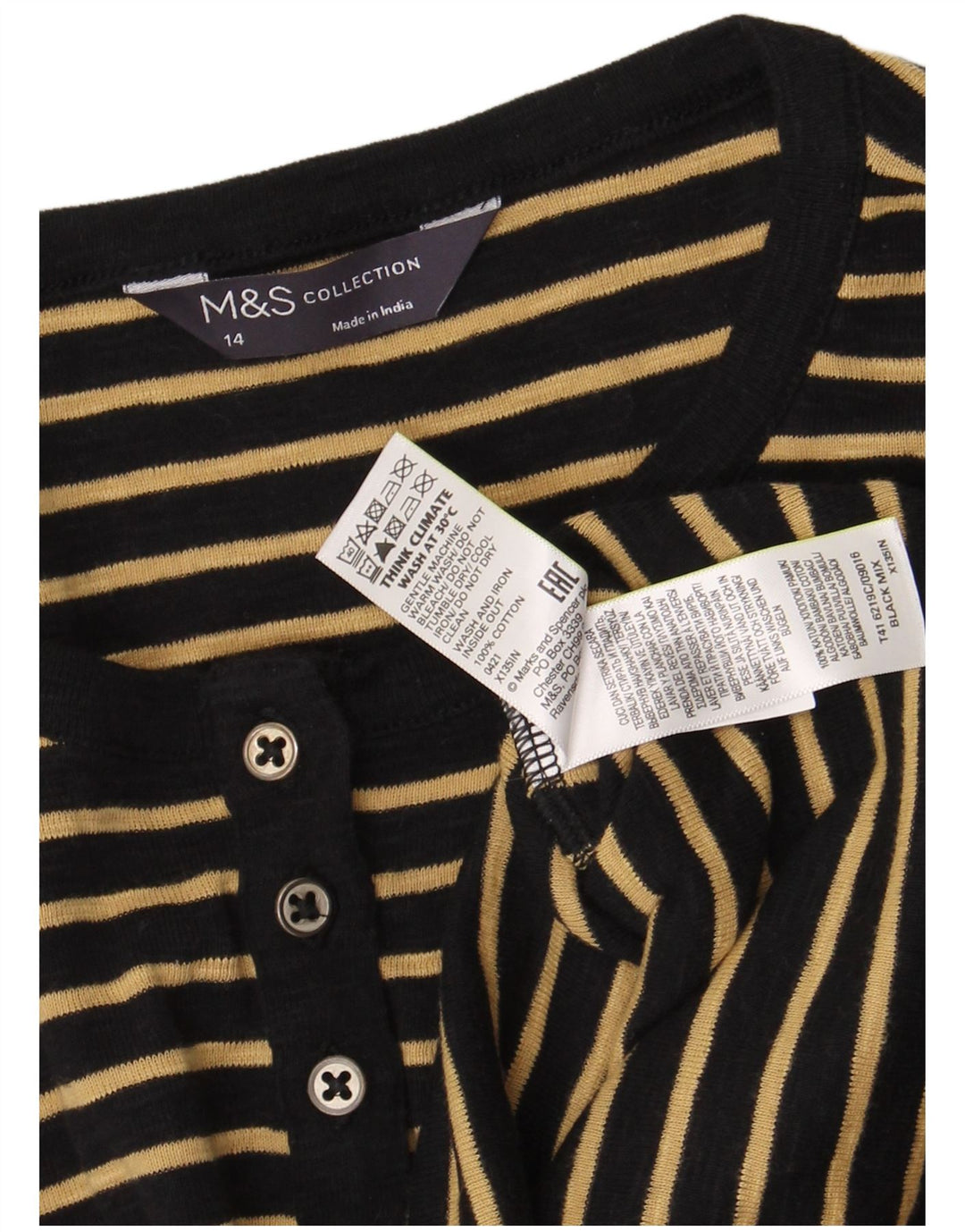 Top feminino Marks & Spencer manga comprida Reino Unido 14 algodão listrado preto médio