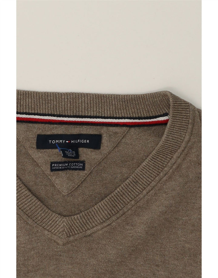 TOMMY HILFIGER Mens V-Neck Jumper Sweater XL Grey Cotton Vintage Tommy Hilfiger and Second-Hand Tommy Hilfiger from Messina Hembry 