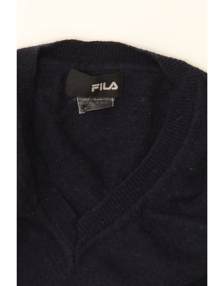 FILA Mens V-Neck Jumper Sweater XL Navy Blue Wool Vintage Fila and Second-Hand Fila from Messina Hembry 