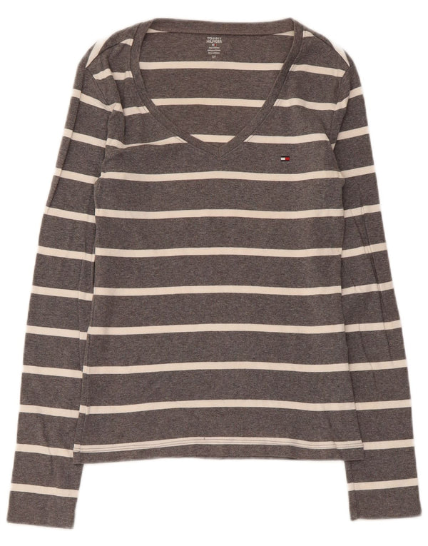 Top Tommy Hilfiger feminino manga comprida UK 8 pequeno algodão listrado cinza