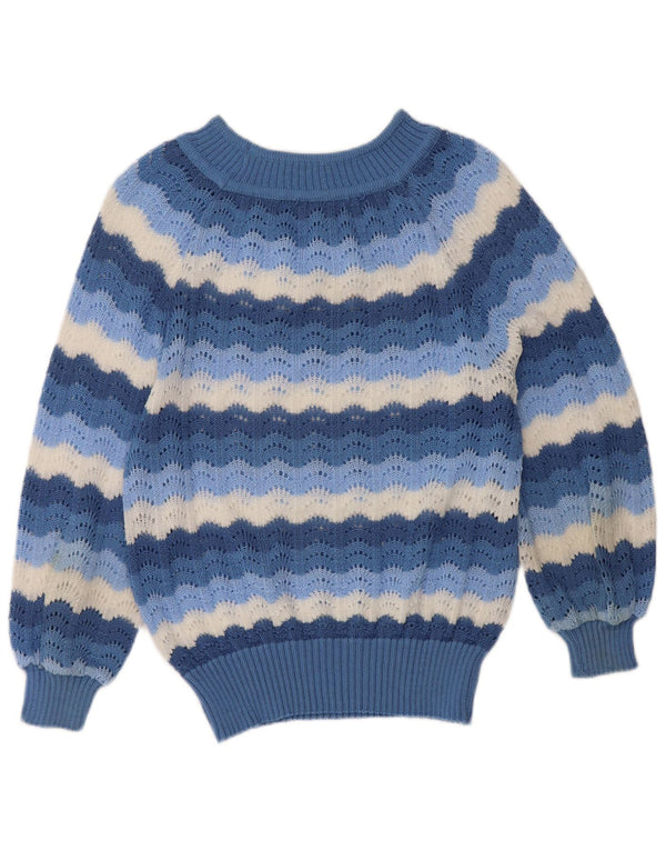 Suéter feminino vintage com gola canoa UK 12 listrado azul médio