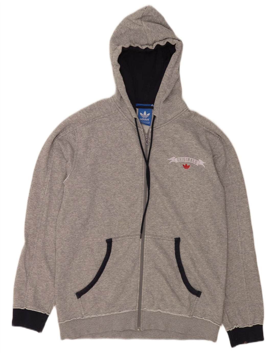 Suéter masculino Adidas com capuz e zíper gráfico cinza médio algodão manchado