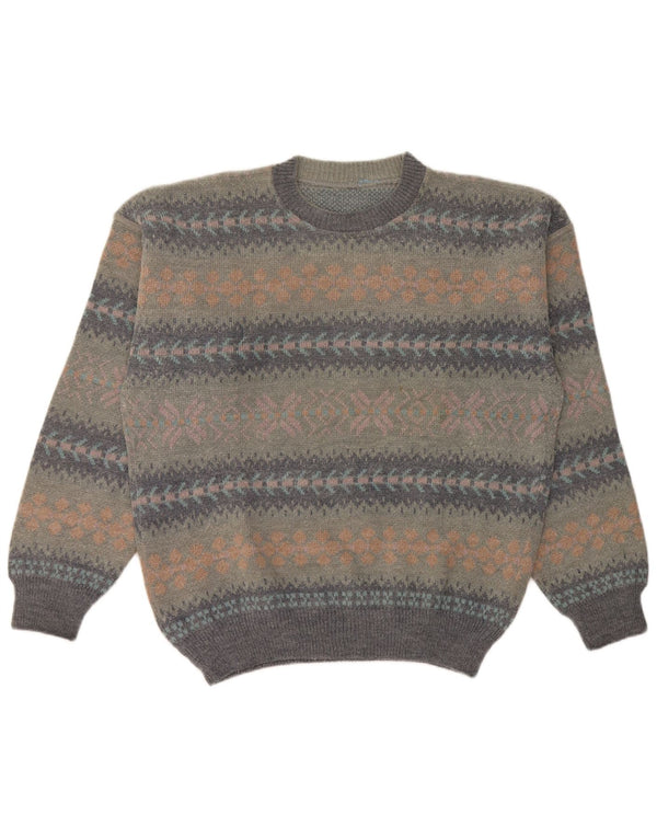 Suéter vintage masculino com gola redonda, grande lã Fair Isle cinza