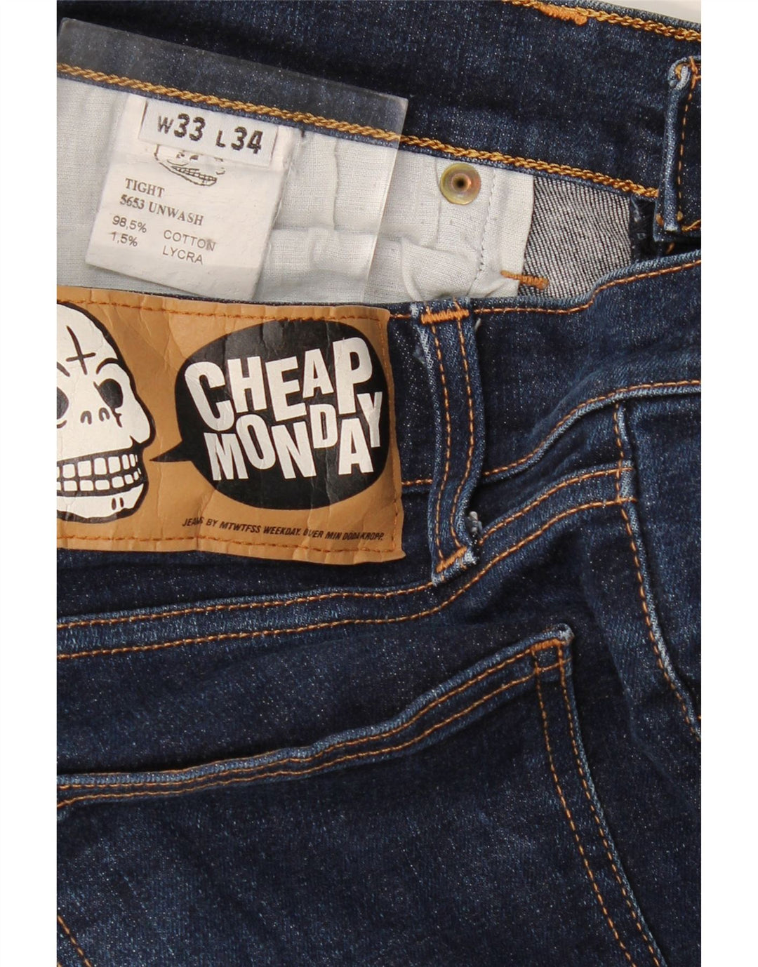 CHEAP MONDAY Jeans skinny feminino W33 L28 algodão azul marinho