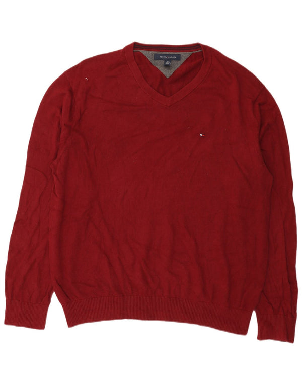 Suéter masculino Tommy Hilfiger com decote em V XL algodão borgonha
